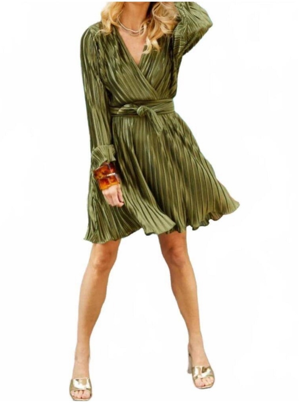 Olive Pleated Wrap Dress with Self-Tie Waist, Wedding Guest, Date Night